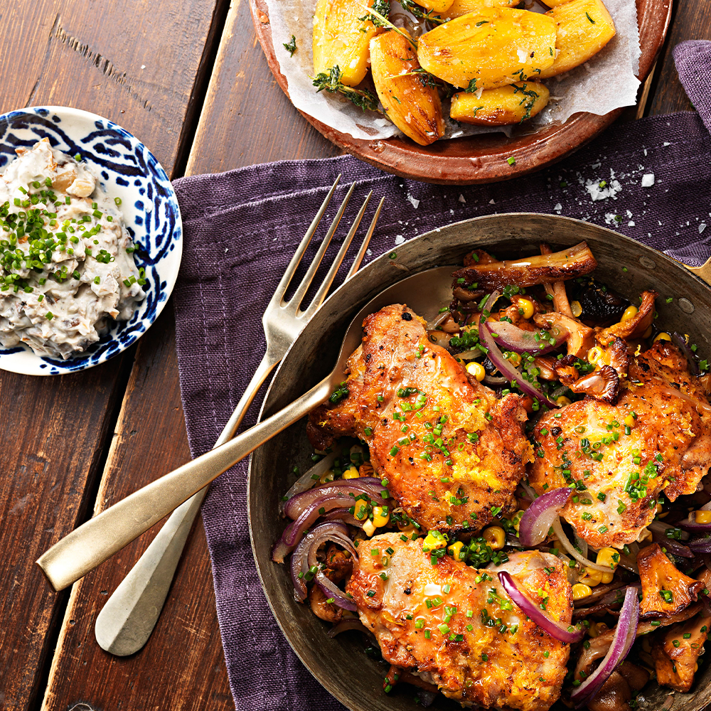 Citronstekt-lårfilé-med-svampregu,-svampkesella-och-rostad-potatis