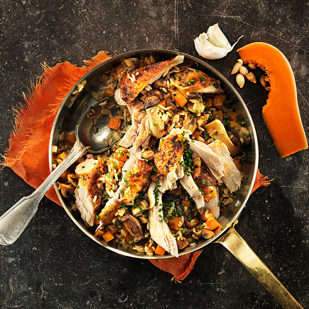 Fried-rice-med-kyckling,-svamp-och-pumpa