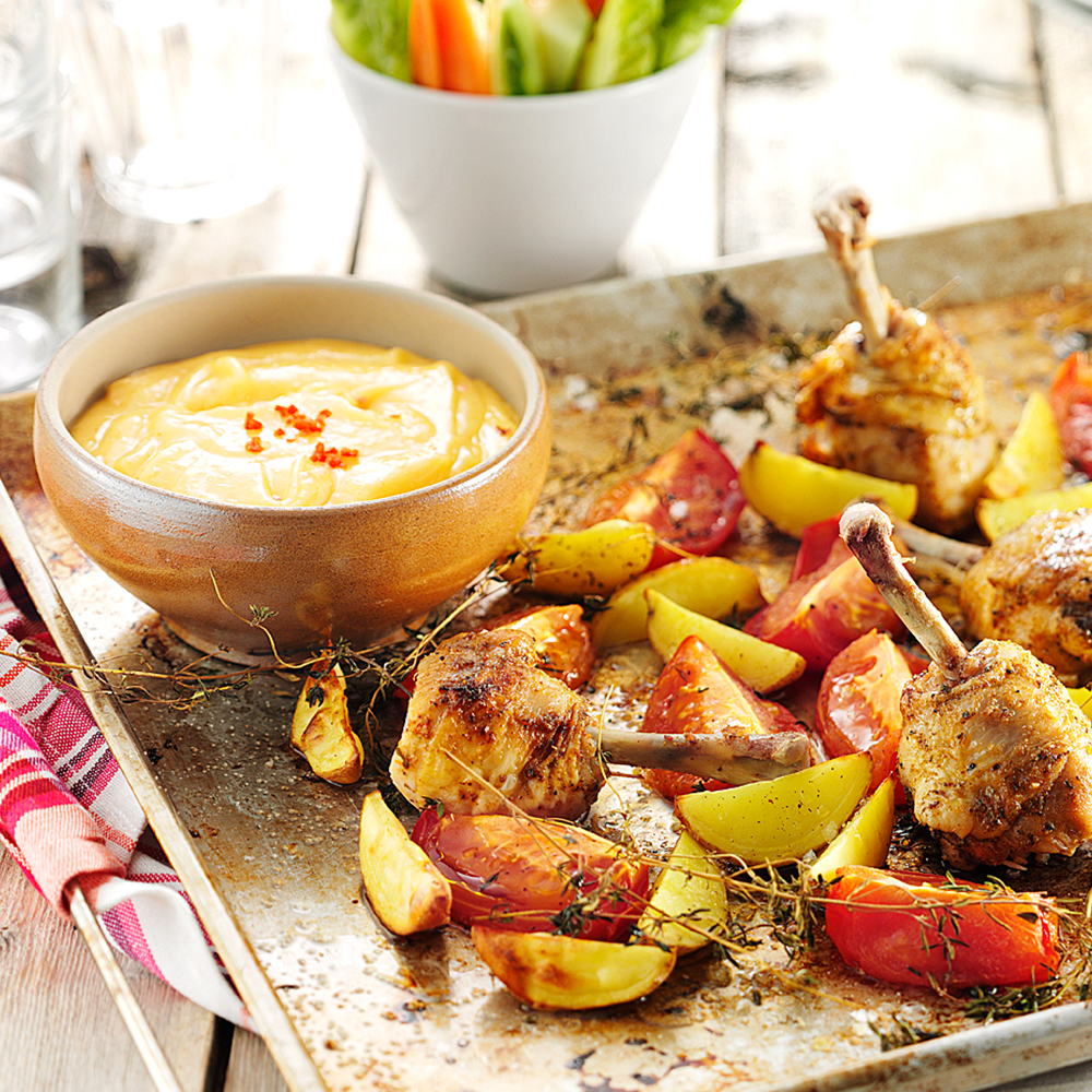 Jerkkryddade-kycklingben-med-chiliaioli,-klyftpotatis-och-rostad-tomat