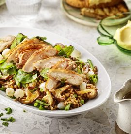 Krispigt stekt kycklingfilé med shiitakesvamp och gotlandslinser